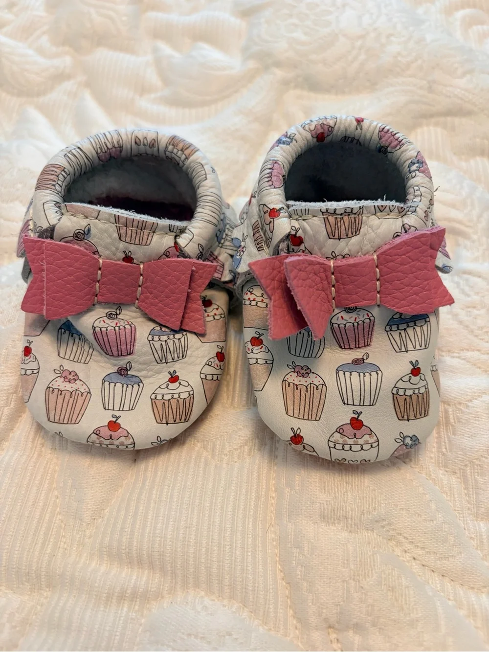 Freshly Picked Baby Cupcake Print Moccasins with Pink Bow